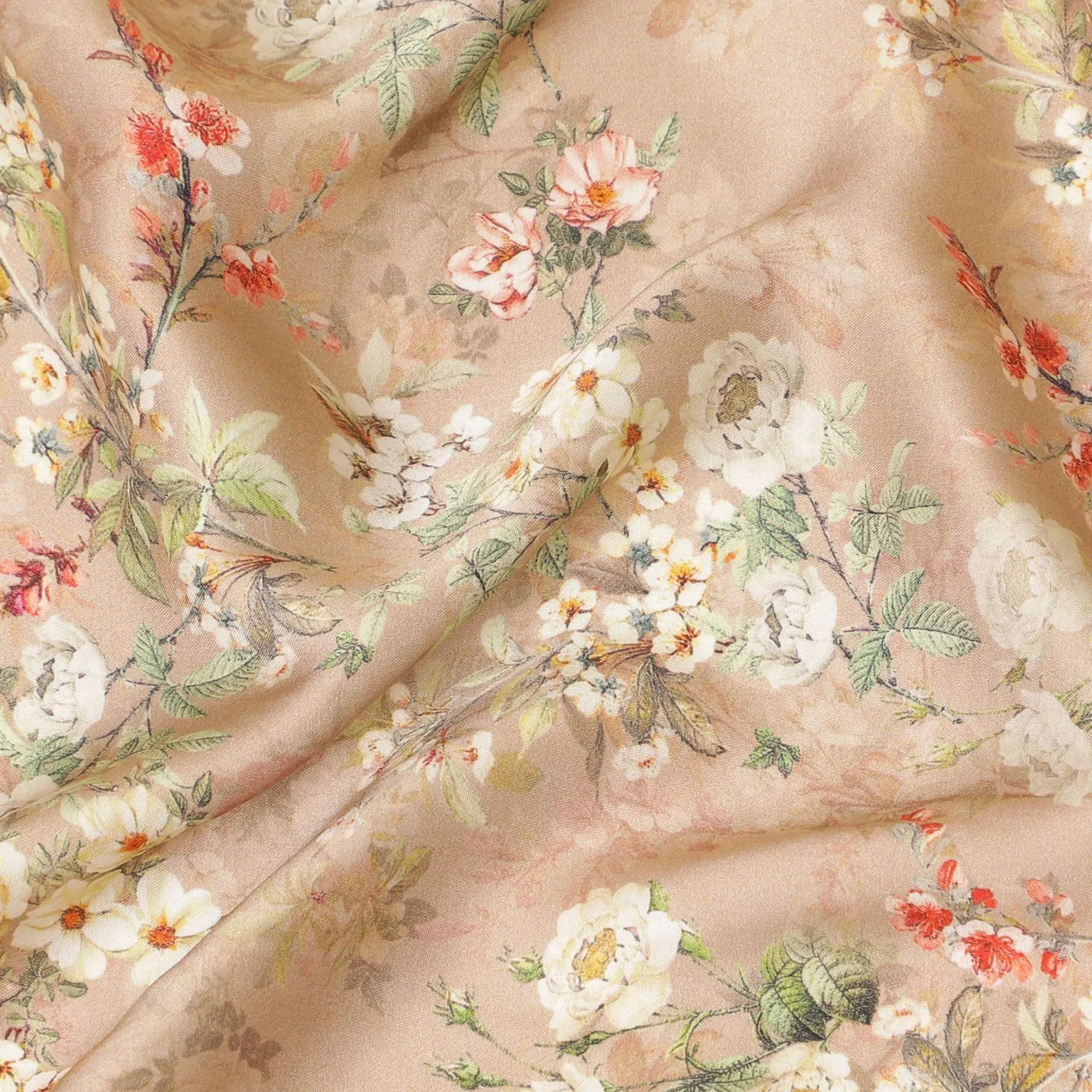 Sandy brown viscose modal satin fabric with ruby pink, olive green and beige print in floral design-D7429