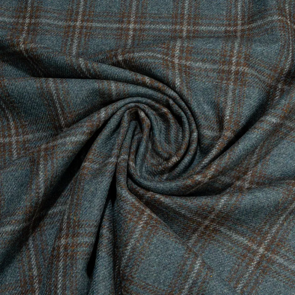 Sea Blue & Brown Checkered Wool, Cashmere & Silk Blend Suiting