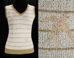 Size 0 Novelty Knit Tank - 1970s Paris France Top - Birds On A Wire - XXS Sleeveless Summer Shirt - Beige Cream Peach Swallows - Bust 32