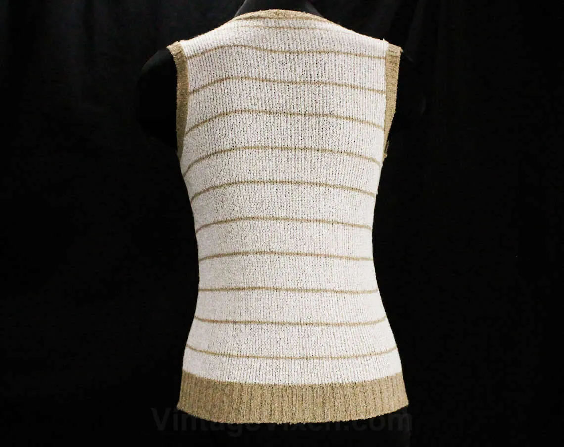 Size 0 Novelty Knit Tank - 1970s Paris France Top - Birds On A Wire - XXS Sleeveless Summer Shirt - Beige Cream Peach Swallows - Bust 32