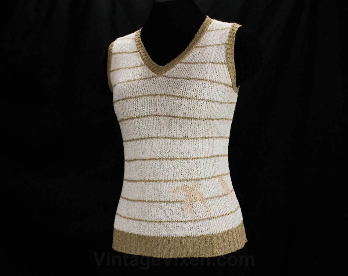 Size 0 Novelty Knit Tank - 1970s Paris France Top - Birds On A Wire - XXS Sleeveless Summer Shirt - Beige Cream Peach Swallows - Bust 32