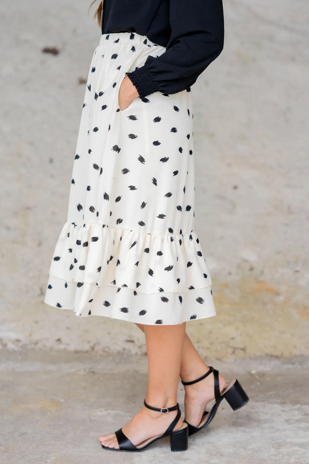 Sketched Double Ruffle Bottom Midi Skirt
