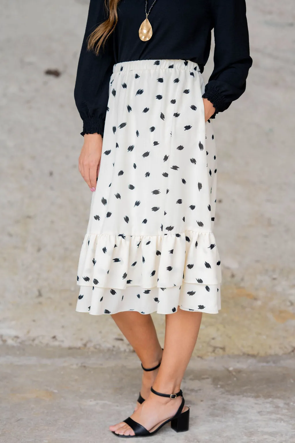 Sketched Double Ruffle Bottom Midi Skirt