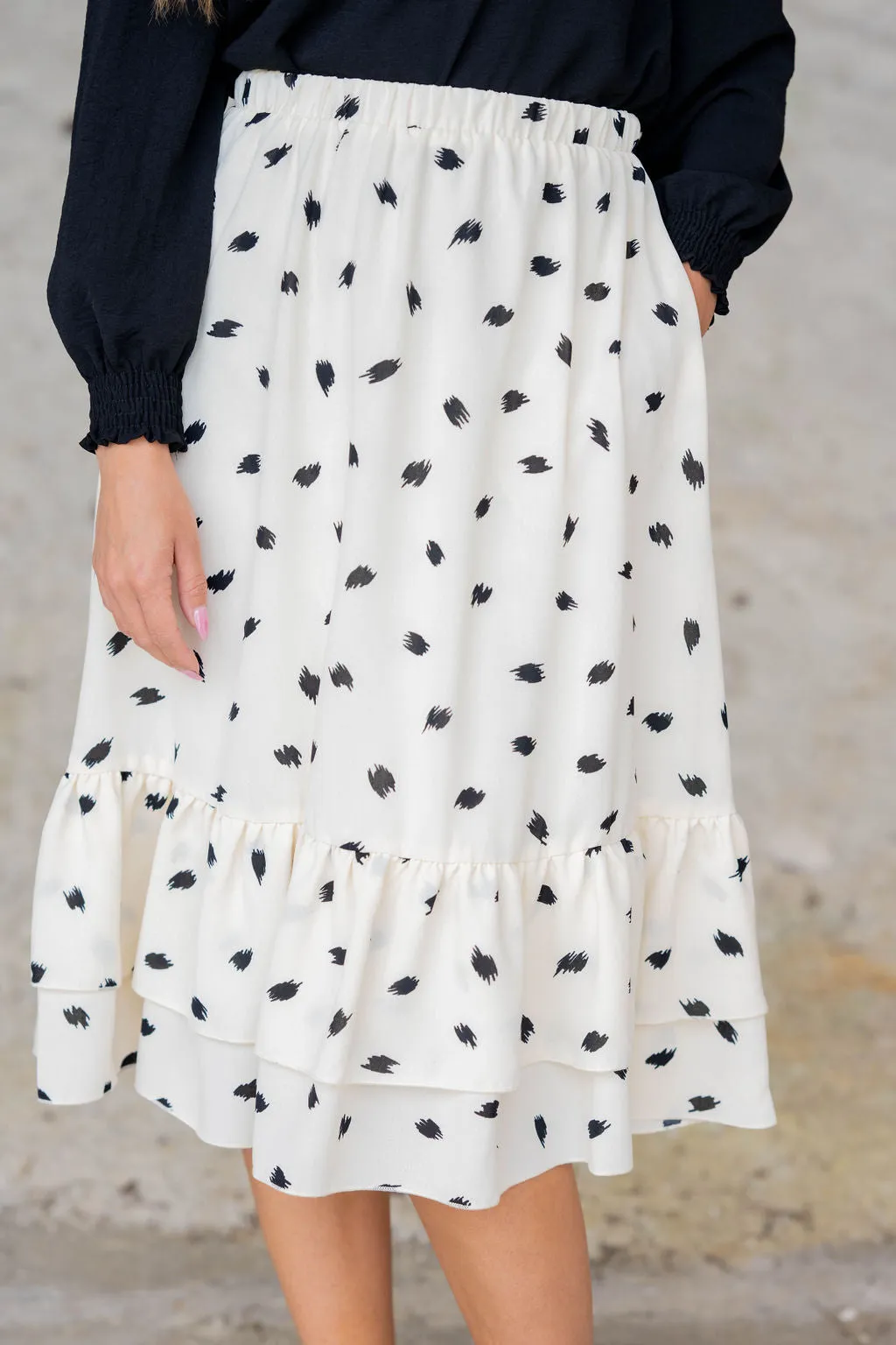 Sketched Double Ruffle Bottom Midi Skirt
