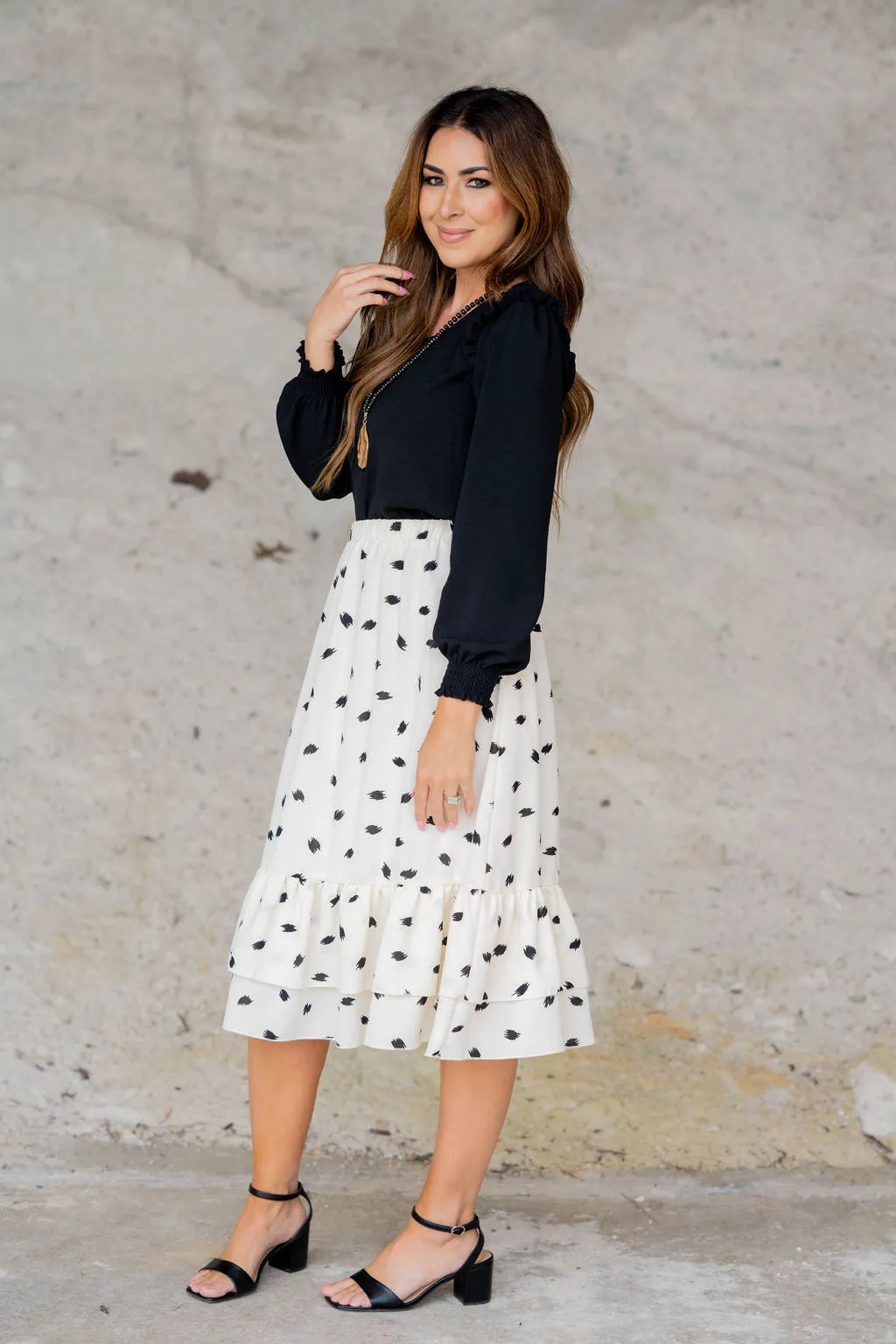 Sketched Double Ruffle Bottom Midi Skirt