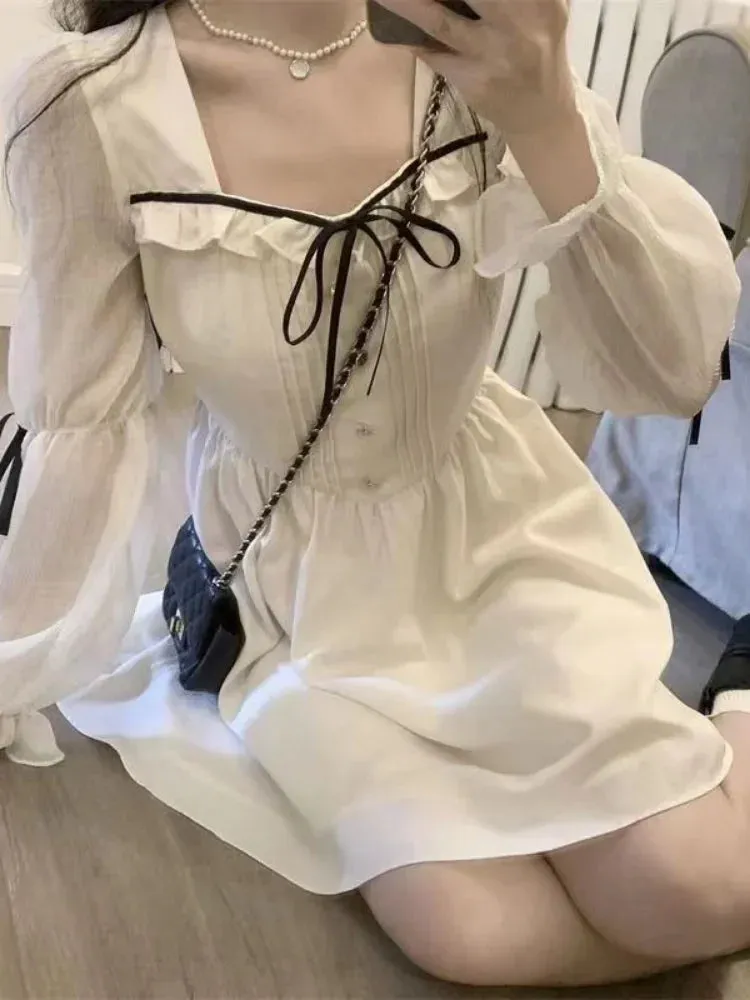 Sweet White Lolita Dress Women Vintage Elegant Bandage Wrap Fairy Princess Short Dresses Party Autumn Mori Soft Girls