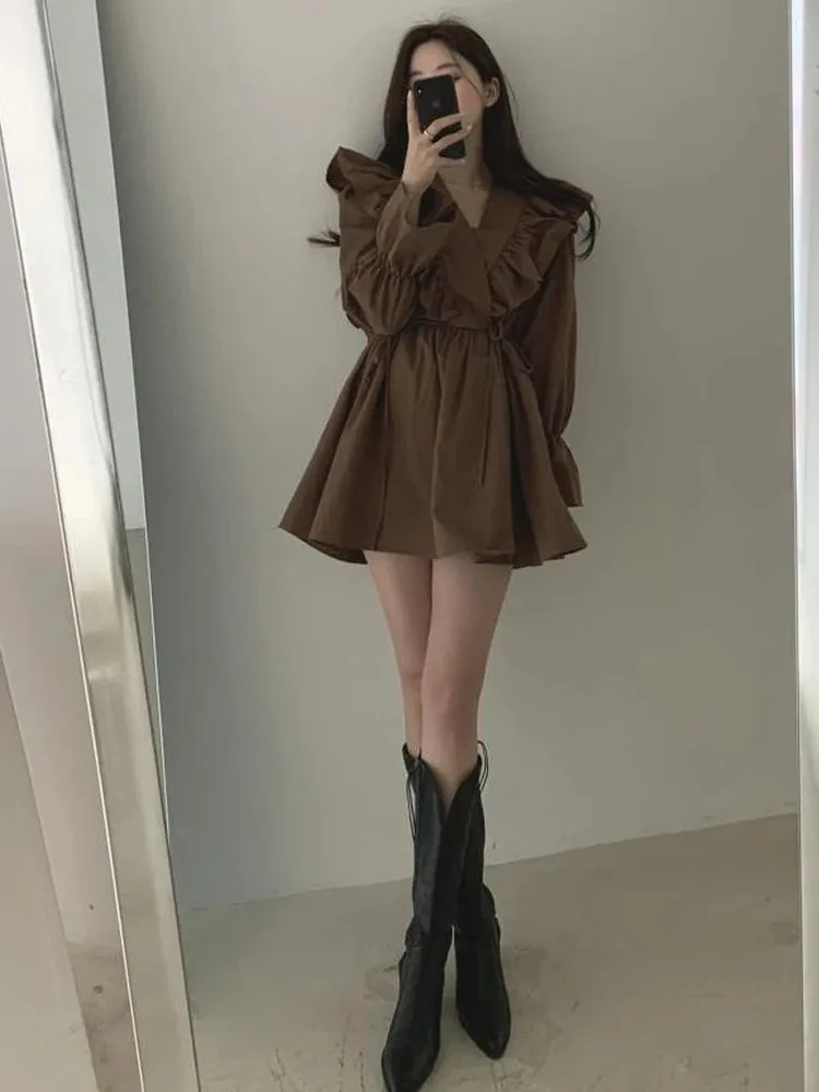 Vintage Black Ruffles Short Dresses Women Korean Fashion Casual Wrap Mini Dress Spring Summer Kpop V-neck Robe Famele