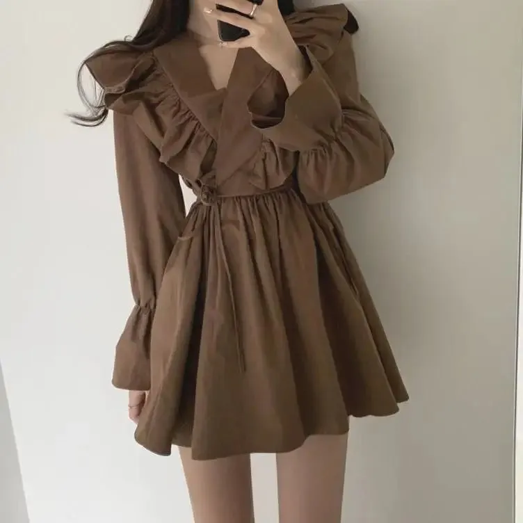 Vintage Black Ruffles Short Dresses Women Korean Fashion Casual Wrap Mini Dress Spring Summer Kpop V-neck Robe Famele