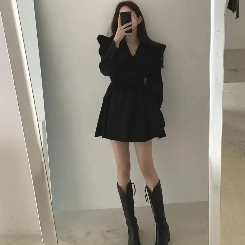 Vintage Black Ruffles Short Dresses Women Korean Fashion Casual Wrap Mini Dress Spring Summer Kpop V-neck Robe Famele