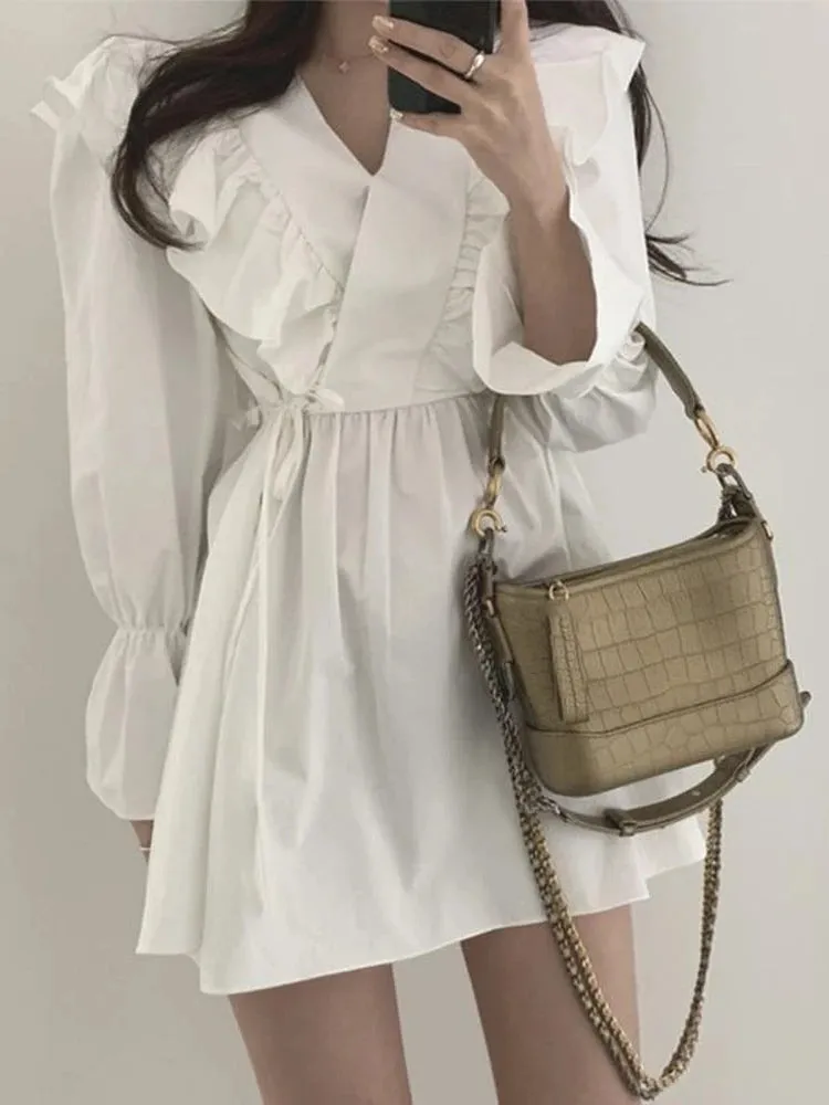 Vintage Black Ruffles Short Dresses Women Korean Fashion Casual Wrap Mini Dress Spring Summer Kpop V-neck Robe Famele
