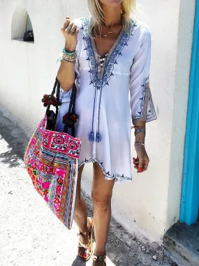Vintage Bohemian Loose V-Neck Mini Dress