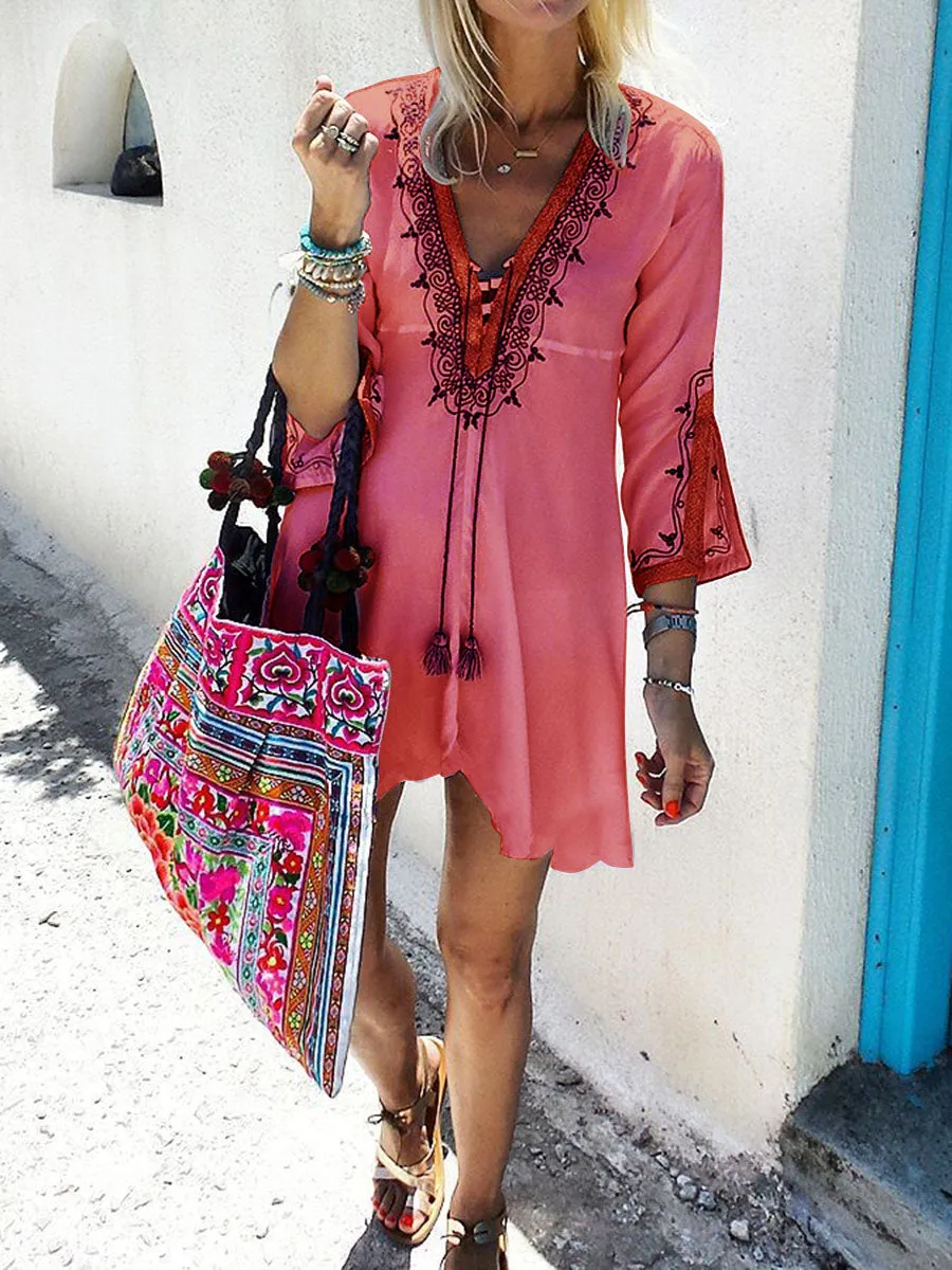Vintage Bohemian Loose V-Neck Mini Dress