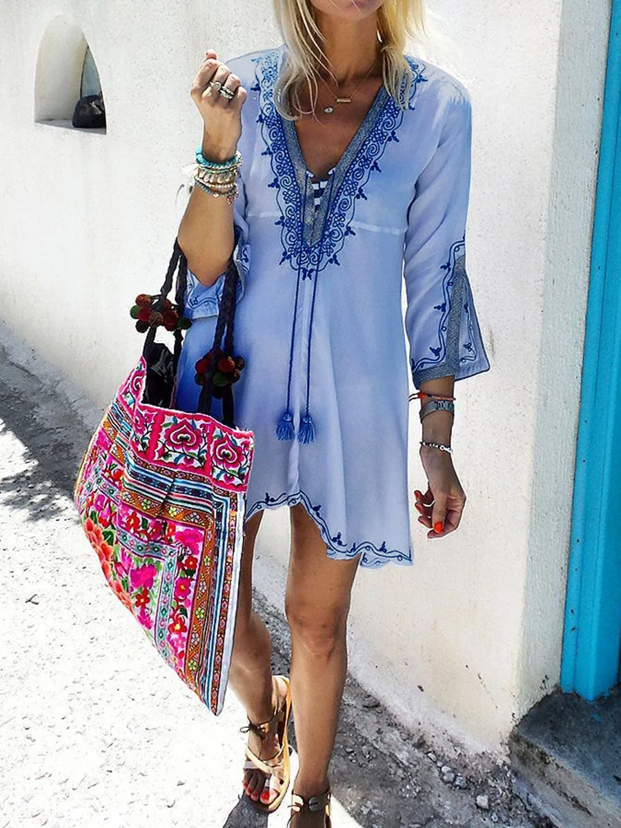 Vintage Bohemian Loose V-Neck Mini Dress