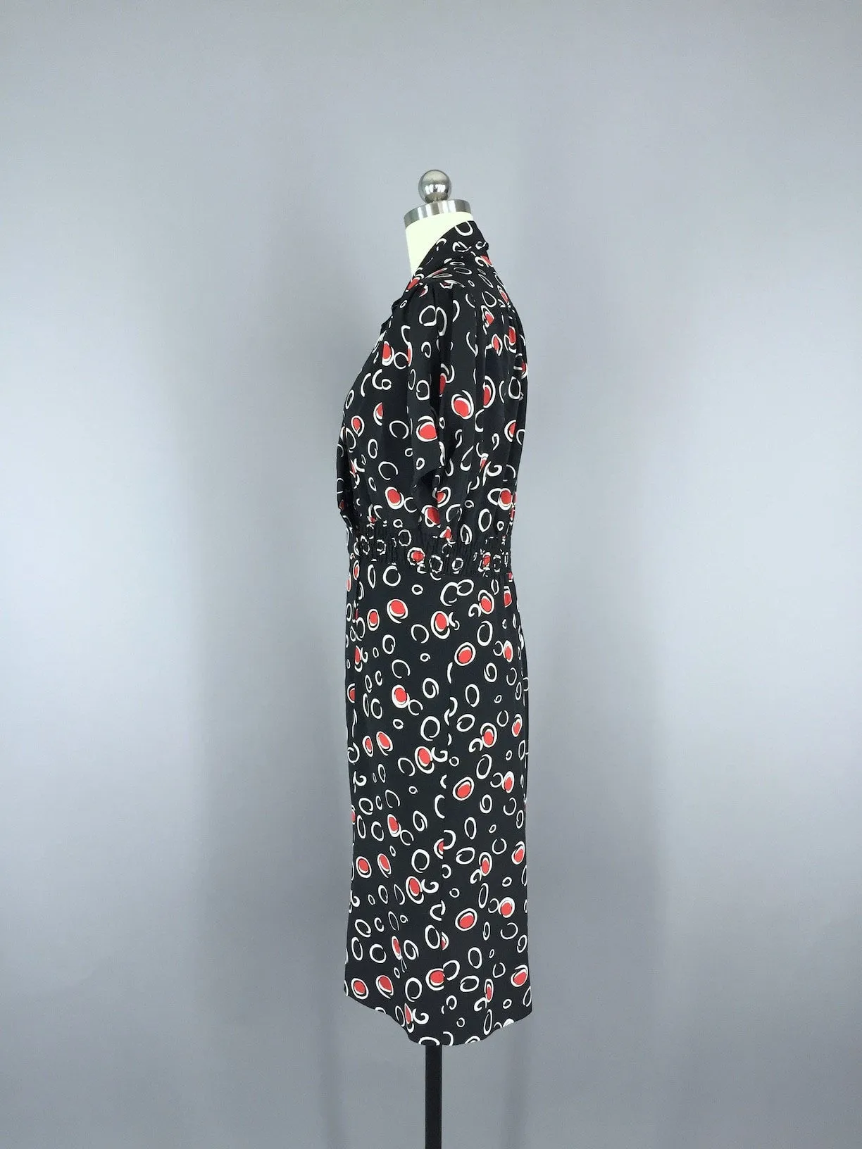 Vintage Day Dress / Black & Red Dots and Circles