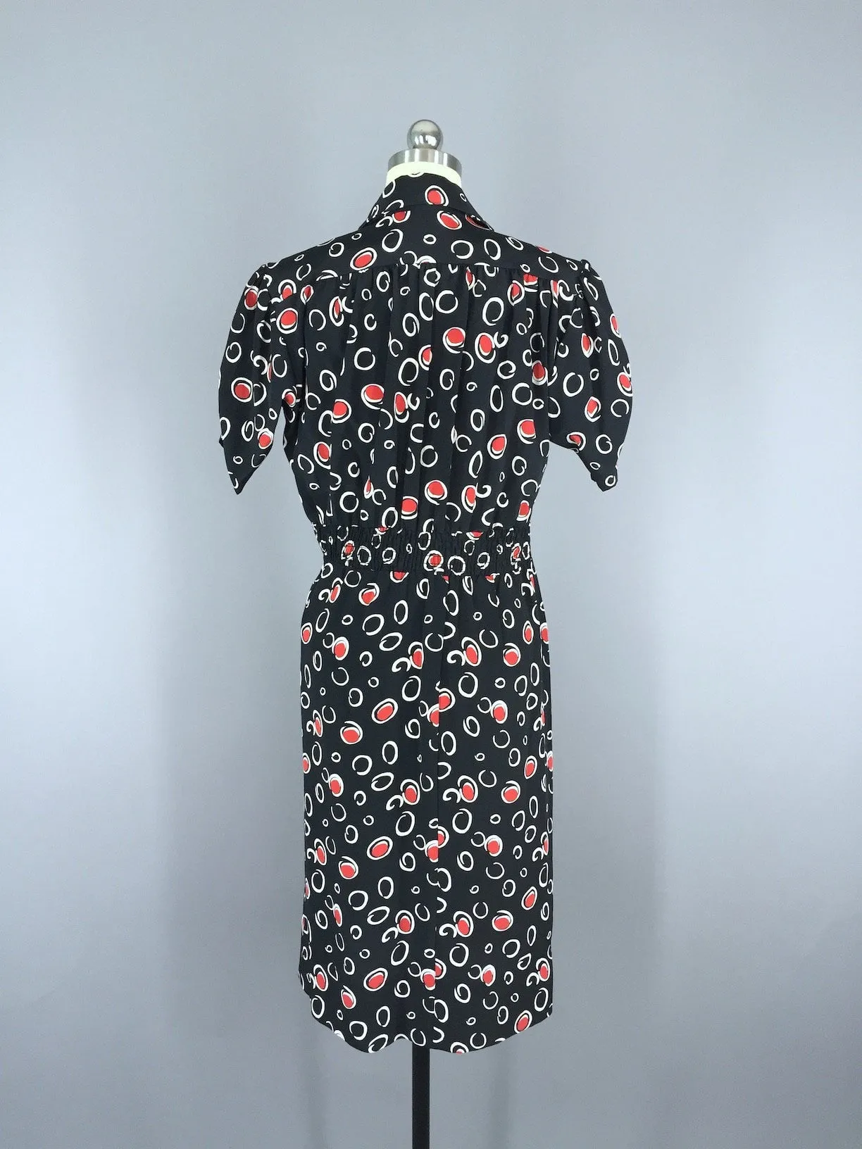 Vintage Day Dress / Black & Red Dots and Circles
