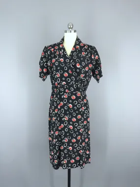 Vintage Day Dress / Black & Red Dots and Circles