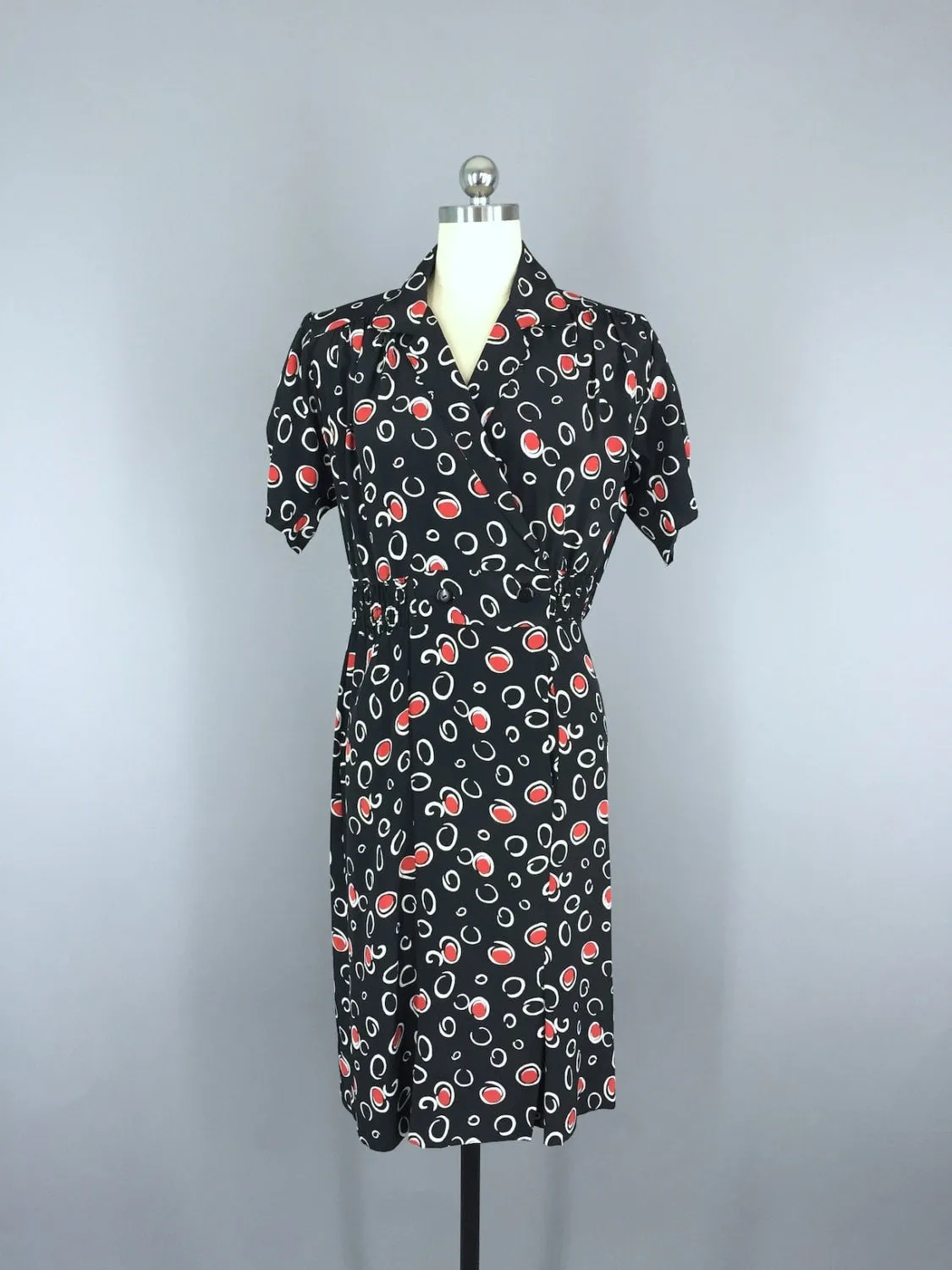 Vintage Day Dress / Black & Red Dots and Circles