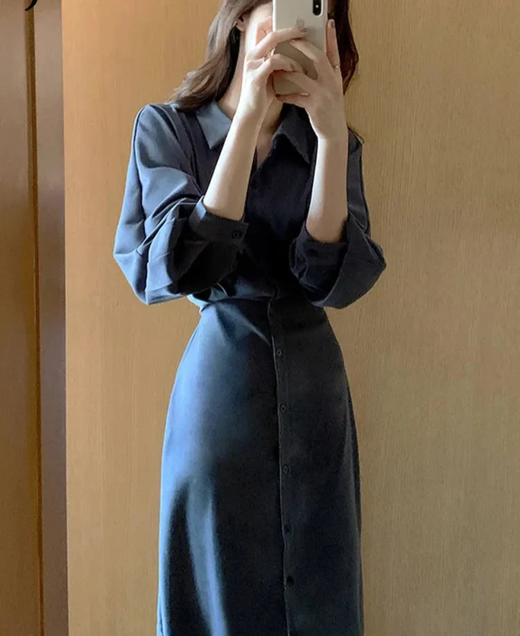 Vintage Evening Shirt Dresses For Women Party Fashion High Waist Korean Lace Up Long Woman Dress Elegant Autumn Vestidos