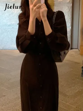 Vintage Evening Shirt Dresses For Women Party Fashion High Waist Korean Lace Up Long Woman Dress Elegant Autumn Vestidos