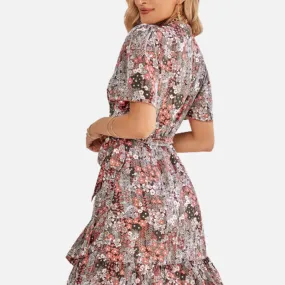 Vintage Floral Dress with Belt Wrapped V Neck