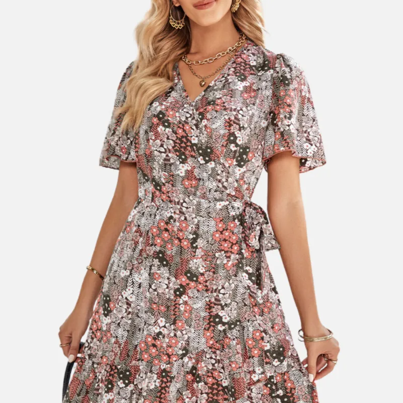 Vintage Floral Dress with Belt Wrapped V Neck