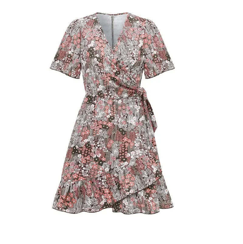 Vintage Floral Dress with Belt Wrapped V Neck