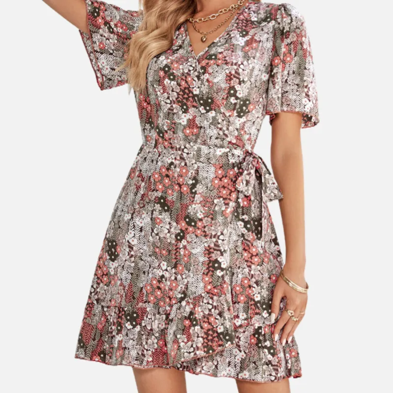 Vintage Floral Dress with Belt Wrapped V Neck