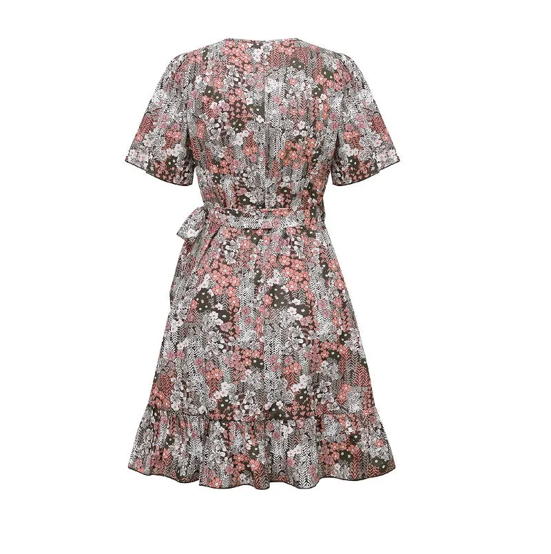 Vintage Floral Dress with Belt Wrapped V Neck