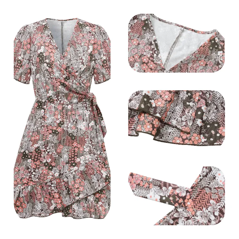 Vintage Floral Dress with Belt Wrapped V Neck