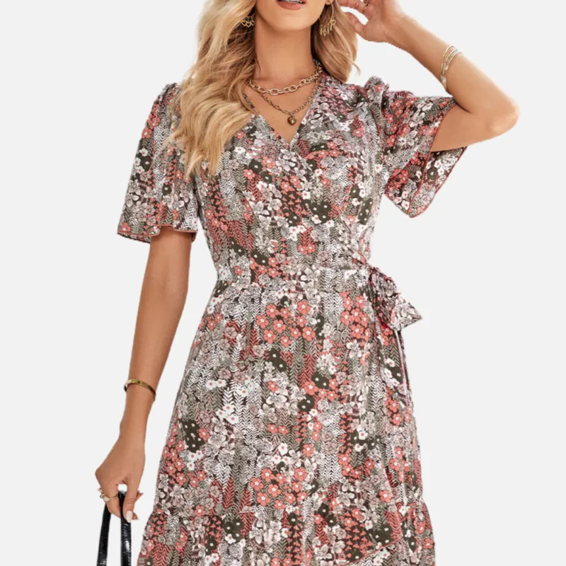 Vintage Floral Dress with Belt Wrapped V Neck