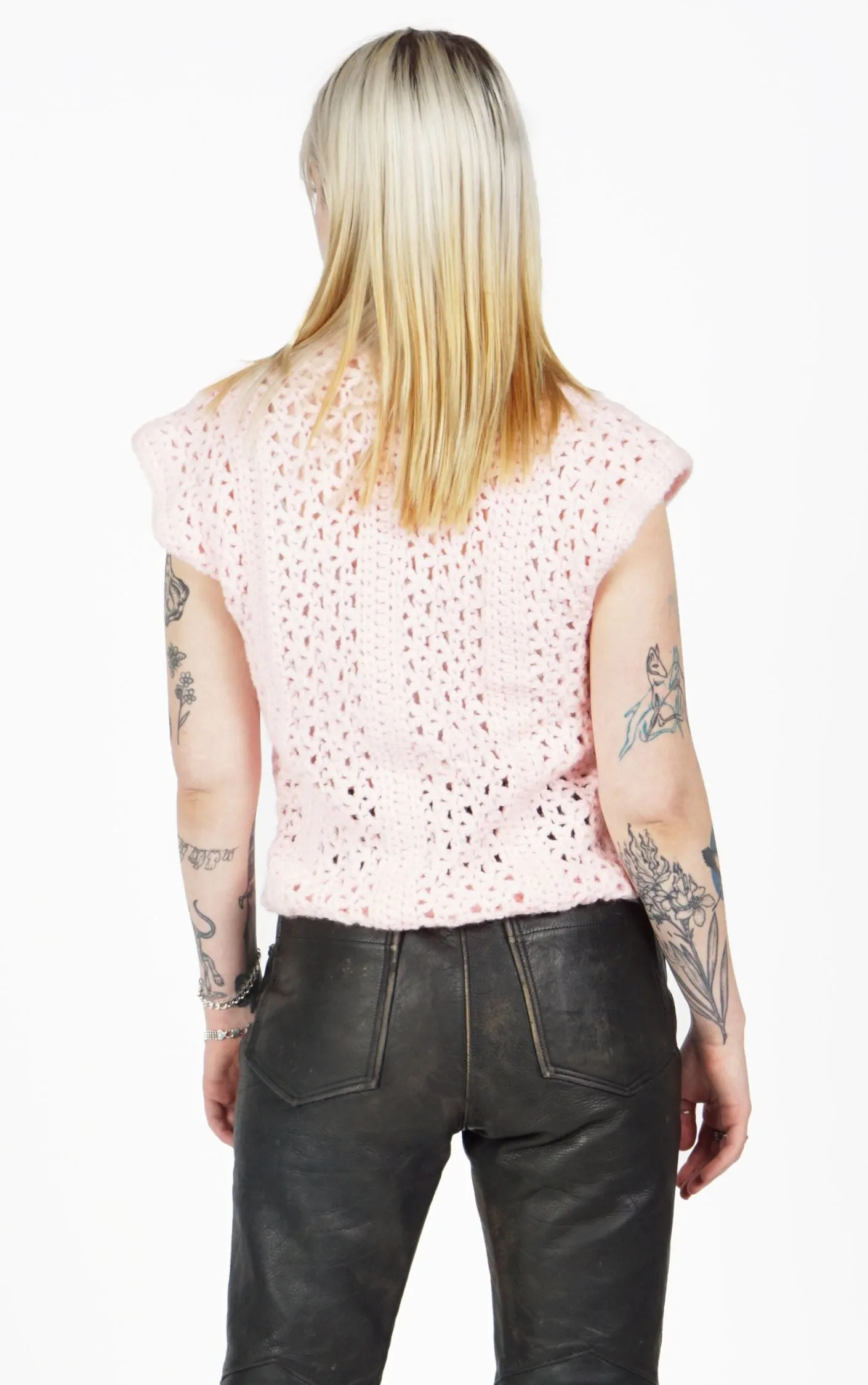 VINTAGE Pink Knitted Crochet V-Neck Vest