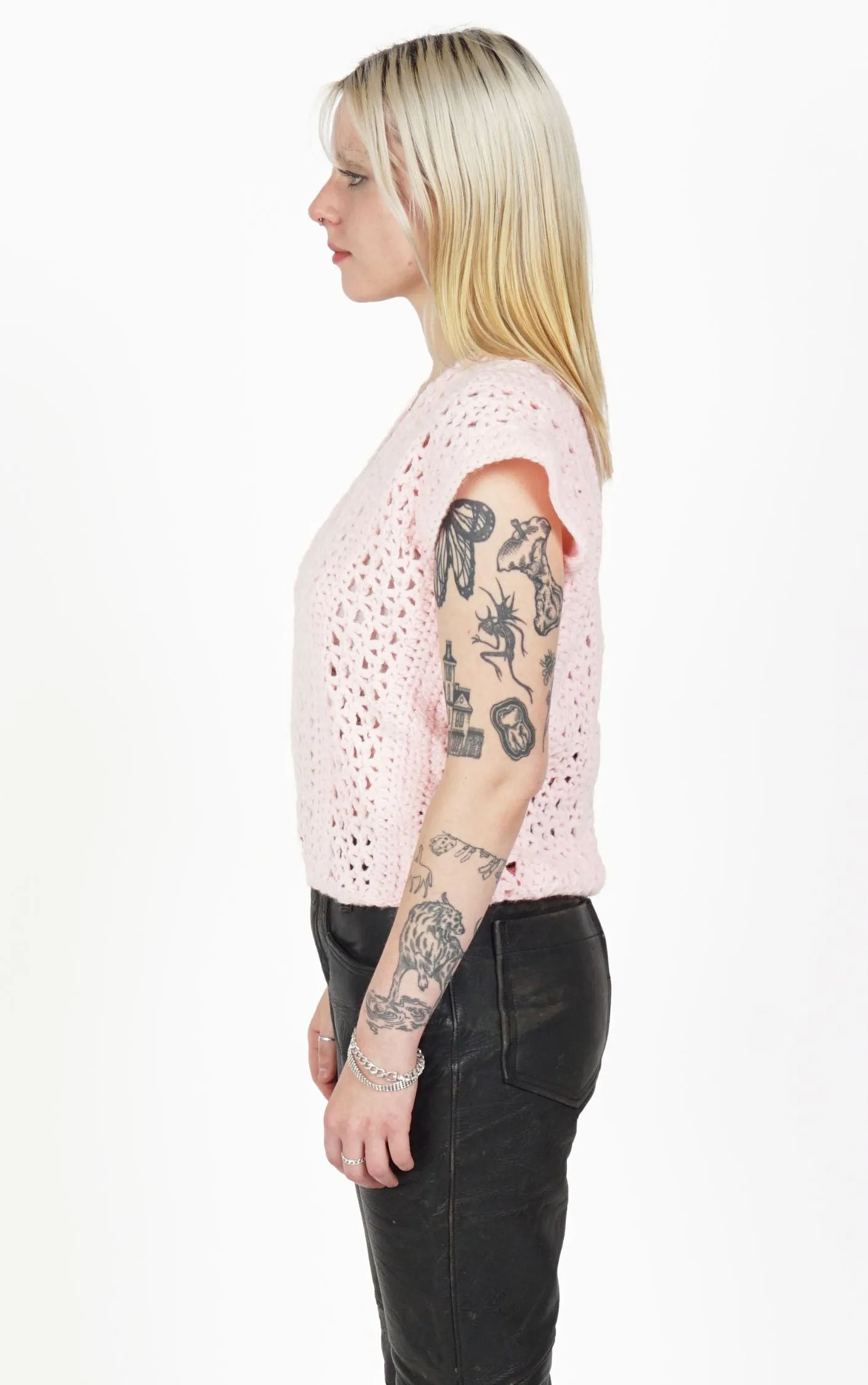 VINTAGE Pink Knitted Crochet V-Neck Vest