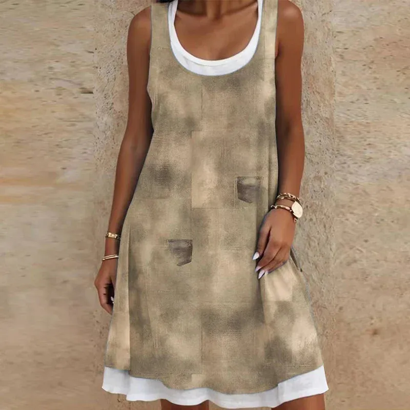 Women O-neck Printed Fake Two Piece Vintage Sleeveless Hollow Loose Pullover Casual Patchwork Commuting Floral 2024 Dress
