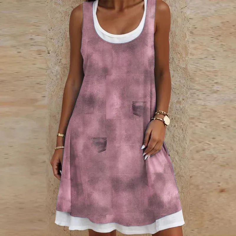 Women O-neck Printed Fake Two Piece Vintage Sleeveless Hollow Loose Pullover Casual Patchwork Commuting Floral 2024 Dress