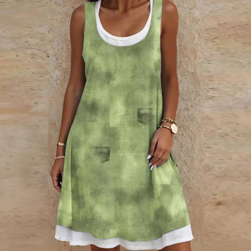 Women O-neck Printed Fake Two Piece Vintage Sleeveless Hollow Loose Pullover Casual Patchwork Commuting Floral 2024 Dress