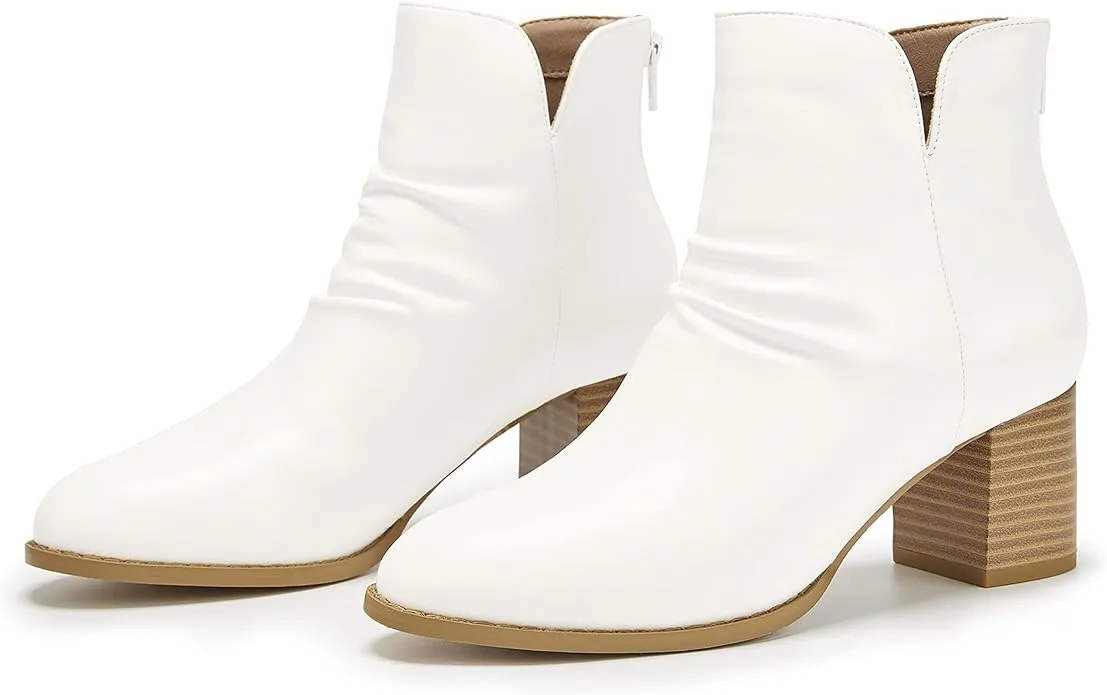 Women’s Slouch Ankle Boots V Cut Stacked Block Heel Slip On Boot Faux Leather