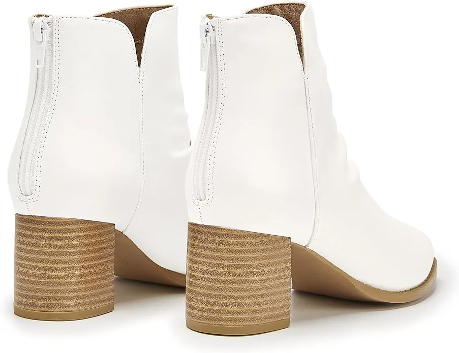Women’s Slouch Ankle Boots V Cut Stacked Block Heel Slip On Boot Faux Leather