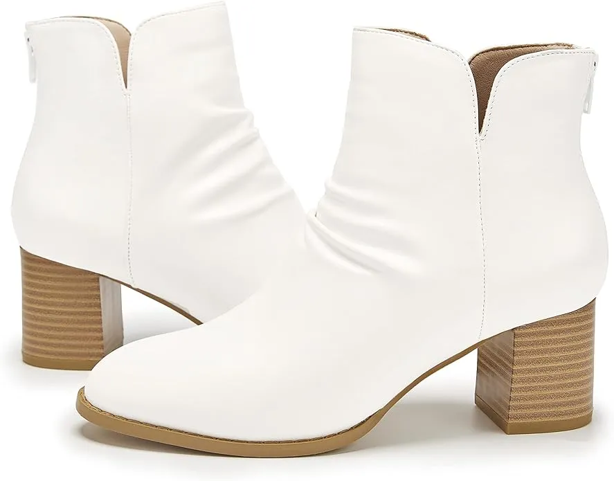 Women’s Slouch Ankle Boots V Cut Stacked Block Heel Slip On Boot Faux Leather