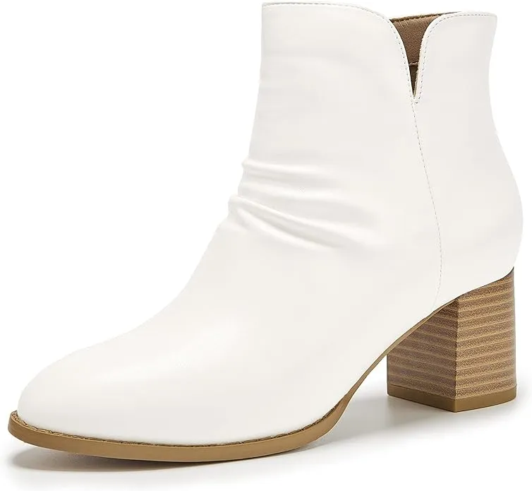 Women’s Slouch Ankle Boots V Cut Stacked Block Heel Slip On Boot Faux Leather