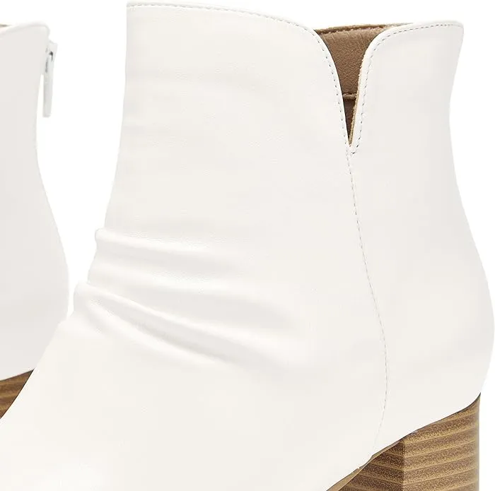 Women’s Slouch Ankle Boots V Cut Stacked Block Heel Slip On Boot Faux Leather