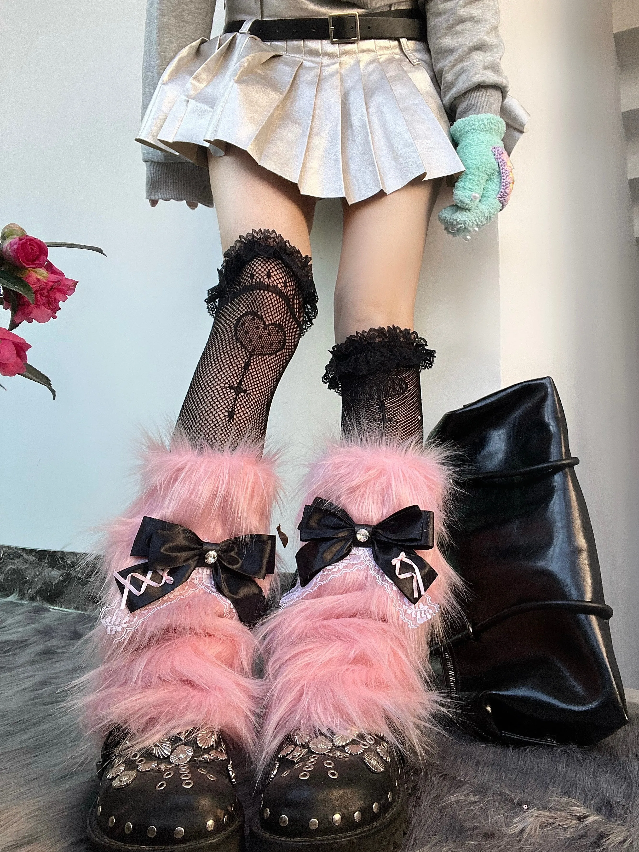 Y2K Pastel Goth Punk Bow Lace Pink Knit Leg Warmers Socks Two Piece Set