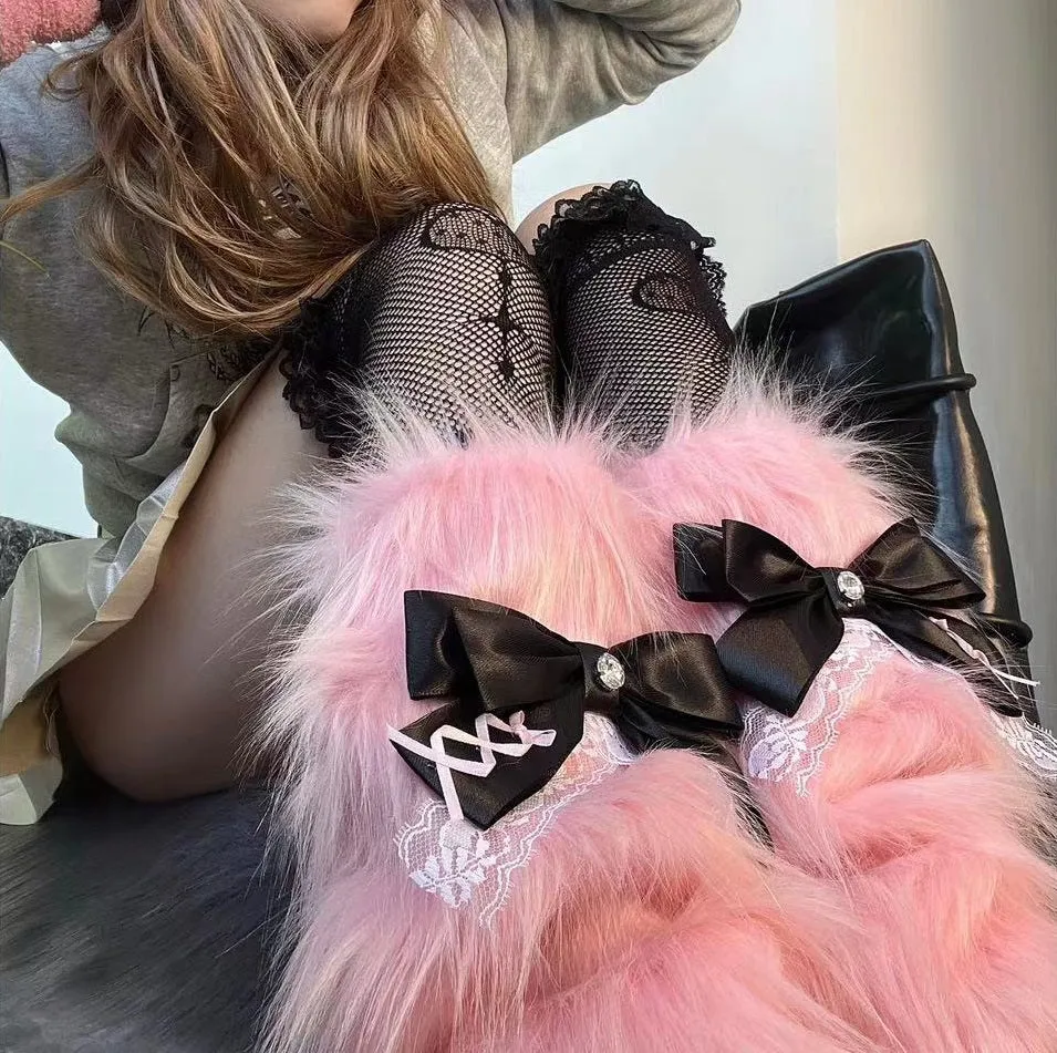 Y2K Pastel Goth Punk Bow Lace Pink Knit Leg Warmers Socks Two Piece Set