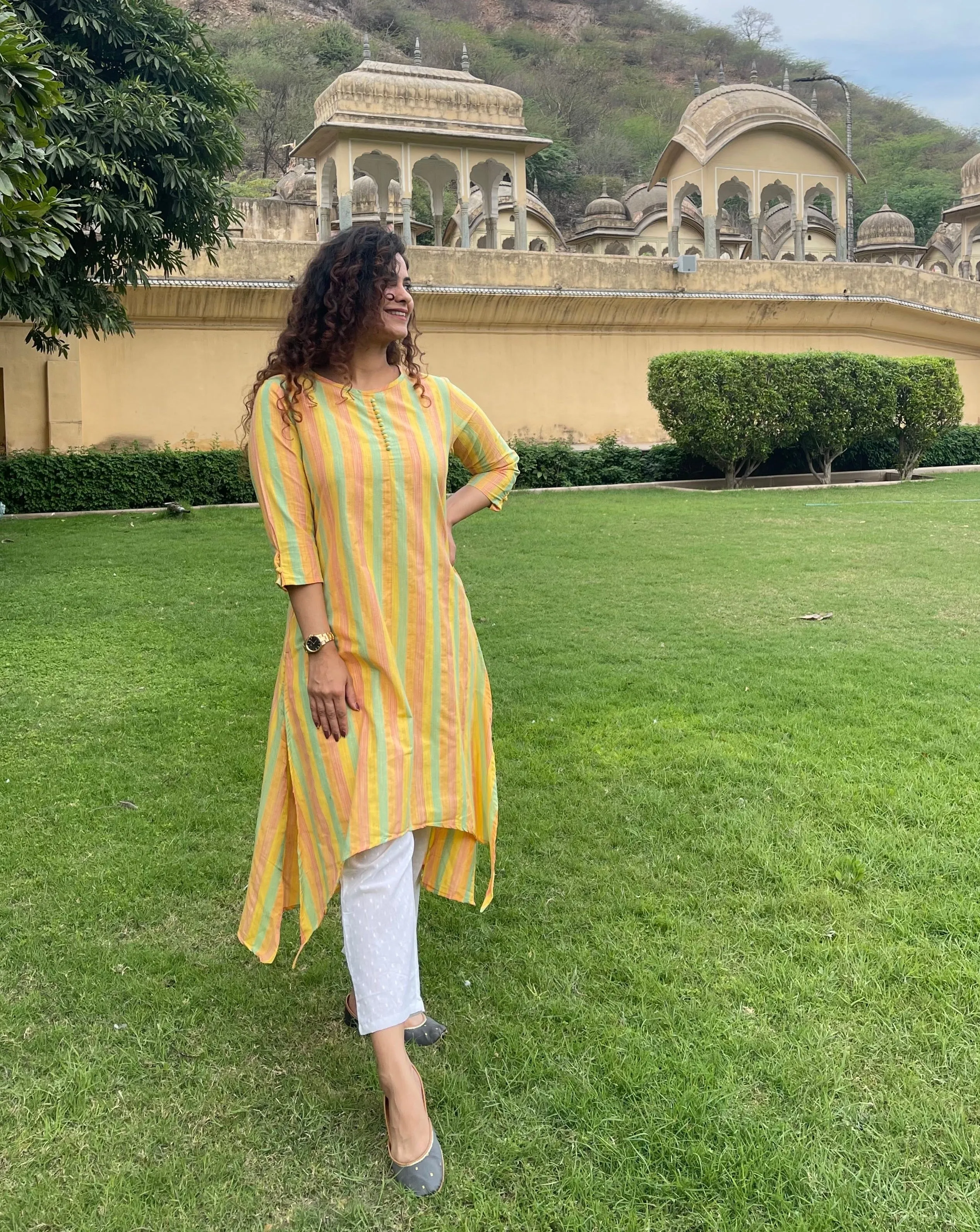 Yellow Cotton Stripes Kurta Set